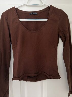 Zara Brown Scoop Neck Long Sleeve Top